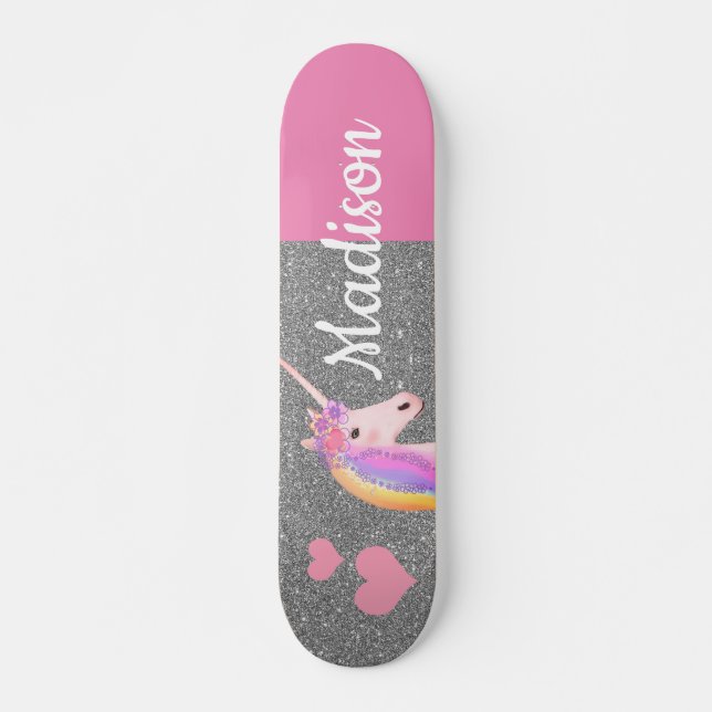 Skate Rainbow Unicorn Pink Silver Glitter Personalizado (Frente)