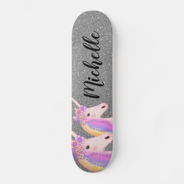 Skate Rainbow Unicorns Girly Silver Glitter Personalizad (Frente)