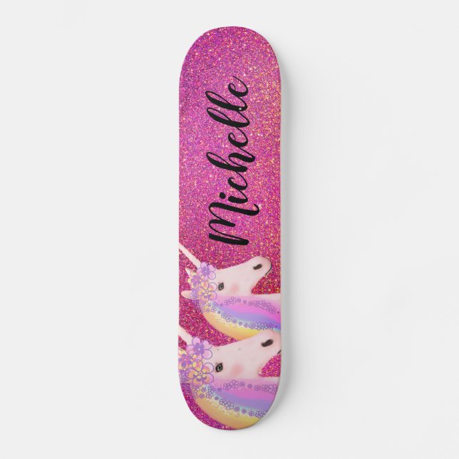 Skate Rainbow Unicorns Pink Glitter Sparkle Personalizad (Frente)