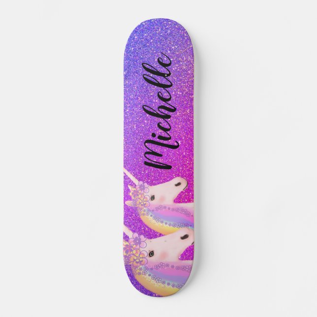 Skate Rainbow Unicorns Purple Pink Glitter Personalizado (Frente)