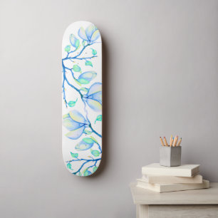 Skate Ramo de Magnólia em Aquarela Azul Verde Botânico