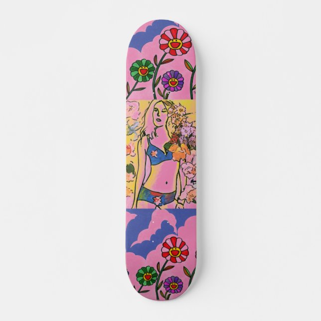Skate Rapariga floral rosa e azul moderno de aquarela (Frente)