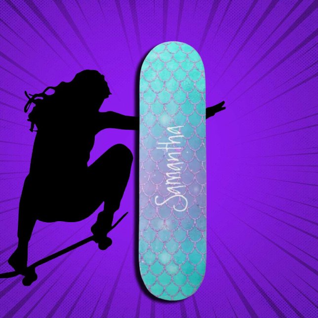 Skate Rapariga Personalizada Brilhante Sereia Azul e Ros (Girl Power, Original and best online Zazzle skateboard shop- Urban Warrior)