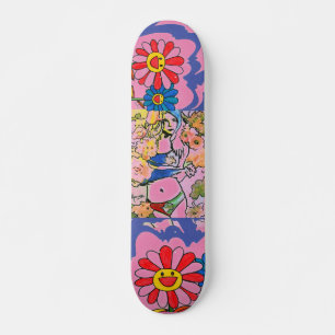 Skate Rapariga rosa e azul moderna de aquarela com flore
