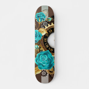 Skate Relógio Steampunk e Rosas Turquesa em Listras
