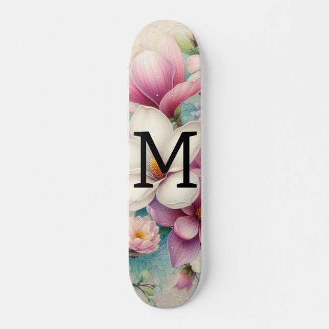 Skate Renda monograma flores de magnólia rosa roxo  (Frente)