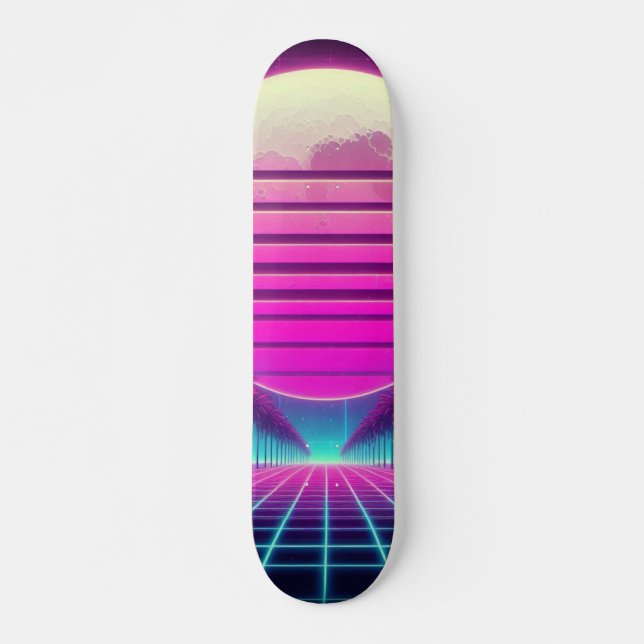 Skate retrô, sol neon dos anos 80 (Frente)