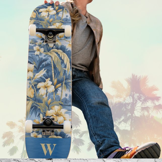 Skate Retro Yellow Blue Floral n Tropical Palms Initial  (Criador carregado)