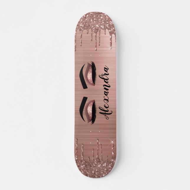 Skate Rosa Dourado Glitter Sparkle Eyelashes Monograma (Frente)
