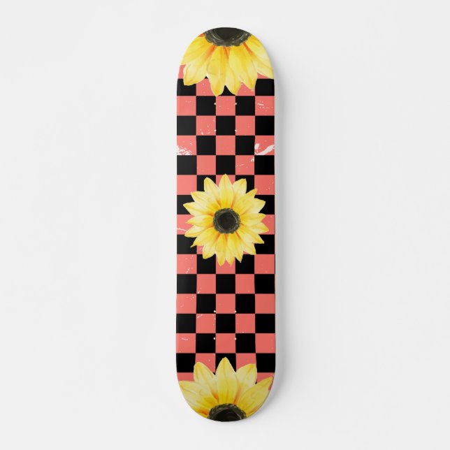 Skate rosa e preto Checado e girassol (Frente)