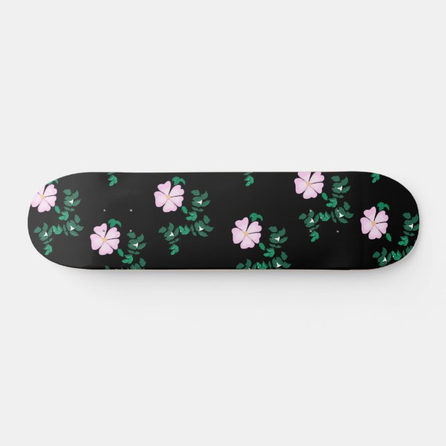 Skate Rosa Selvagem - Padrão Floral no Fundo Negro (Horz)