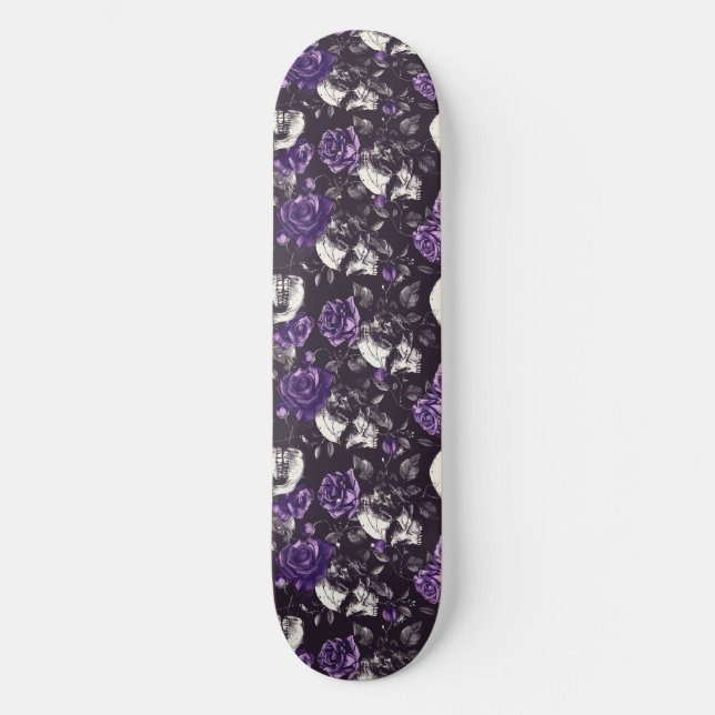 Skate Rosas de crânios preto e roxo góticos (Frente)