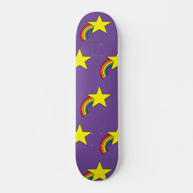 Skate roxo com arco-íris e estrelas amarelas (Frente)