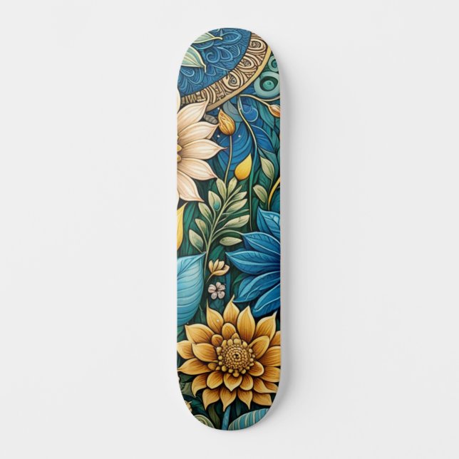 Skate Rua Abstrato de Girassol Design de Flor Azul (Frente)