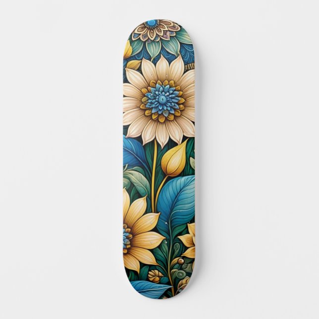 Skate Rua Abstrato de Girassol Design de Flor Azul (Frente)