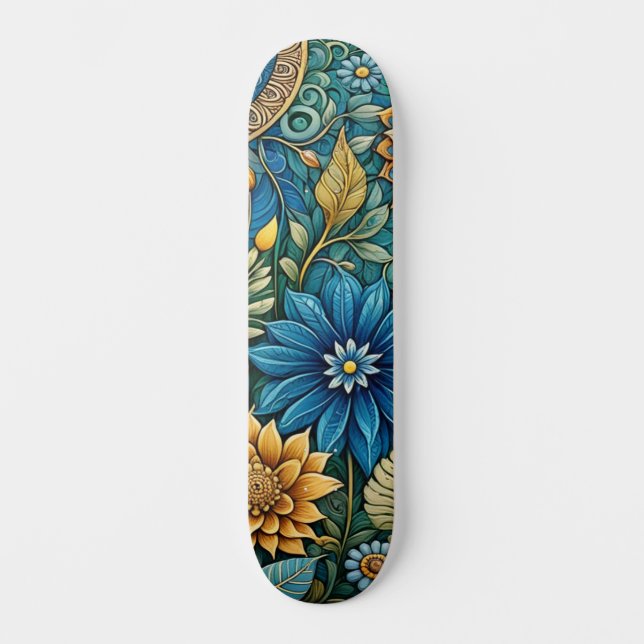 Skate Rua Abstrato de Girassol Design de Flor Azul (Frente)