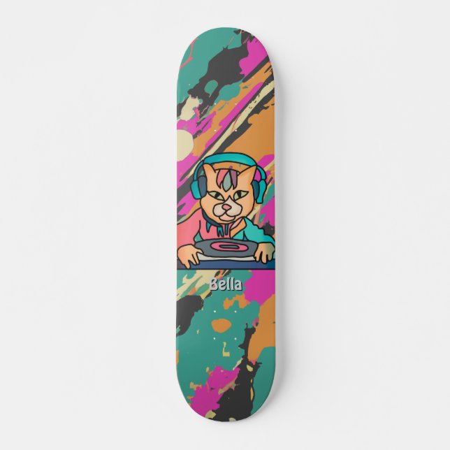 Skate Rua Retro Cat com Fones de ouvido | Engraçado (Frente)