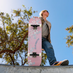 Skate Sakura rosa e azul, flor de cerejeira japonesa