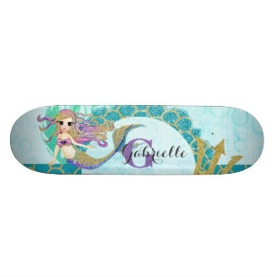Skate Sereia Monograma Fofa Azul Turquesa e Roxo Aquarel