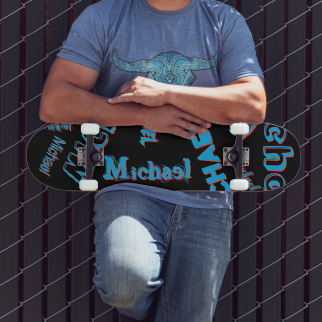 Skate Seu nome é padrão monograma azul preto (Ao ar livre 3)