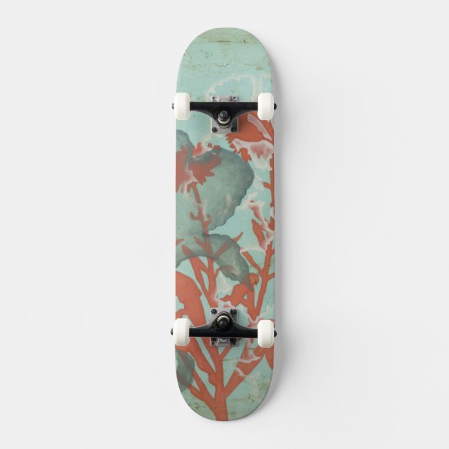 Skate Silhueta de Flores Vermelhas em Fundo Teal (Frente)