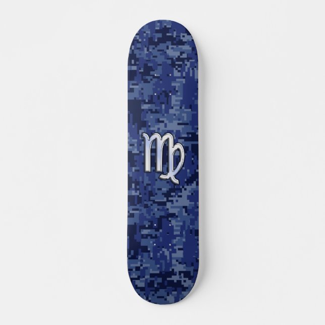Skate Símbolo Virgo Zodiac na Camuflagem Digital Azul (Frente)