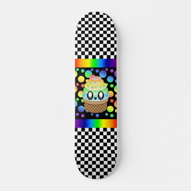 Skate Sorvete Kawaii de Arco-Íris em Forma de Xadrez (Frente)