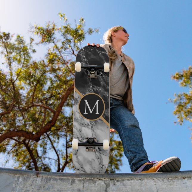 Skate Tabuleiro de Mármore preto branco monograma (Ao ar livre 1)