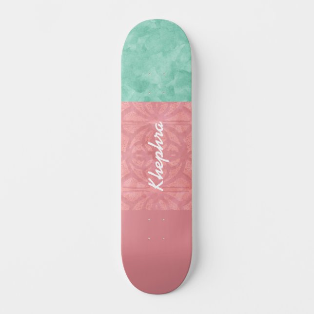 Skate Tabuleiro de Ruddy Pink Batik e Aquarela Verde (Frente)