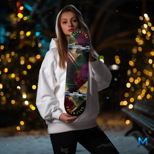 Skate Tartan Moderno de Natal em Borgonha e Dourado