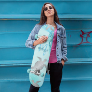 Skate Tartarugas de Prata Azul Mármore Monograma Seu No