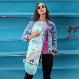 Skate Tartarugas de Prata Azul Mármore Monograma Seu Nom