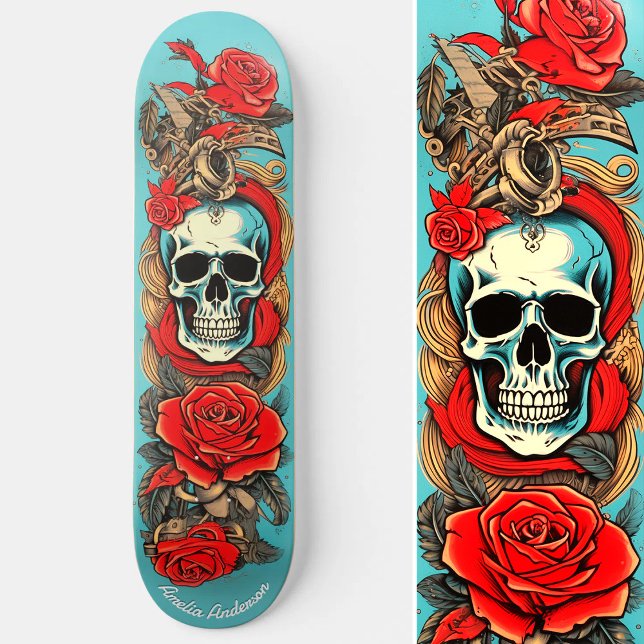 Skate Tatuagem clássica Elementos náuticos de Rosa de cr (Classic Tattoo Art Skull Rose Nautical Elements Skateboard)