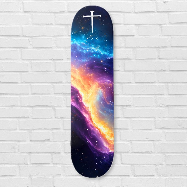 Skate The Three Nails Cross Purple Galaxy Christian (The Three Nails Cross Purple Galaxy Christian Skateboard)