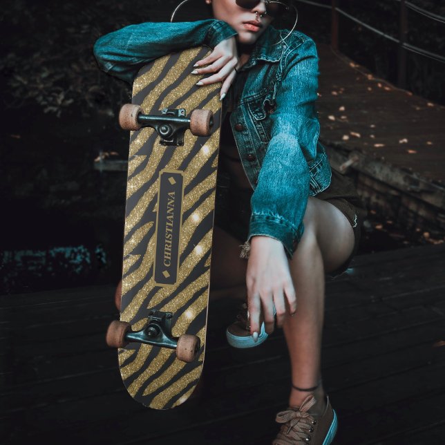 Skate Tigre de zebra-zebra, de raça branca e Dourada com (Black & Gold Glitter Animal Zebra Tiger Stripe Skateboard)