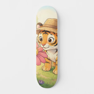 Skate Tigre jovem fofo com chapéu no jardim