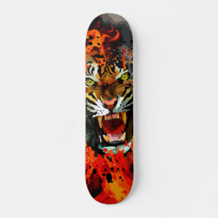 Skate Tigre Rugindo Arte Abstrata de Fogo e Chamas nas R