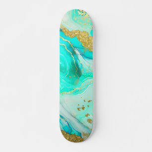 Skate Tinta de Álcool de Geodo Dourado Marble Azul Turqu