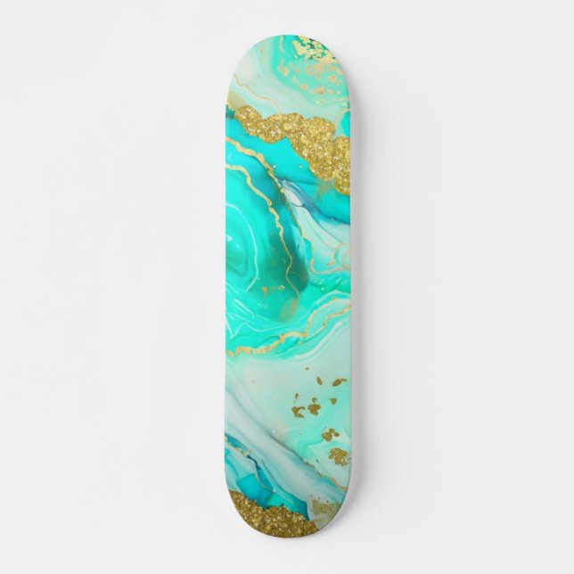 Skate Tinta de Álcool de Geodo Dourado Marble Azul Turqu (Frente)
