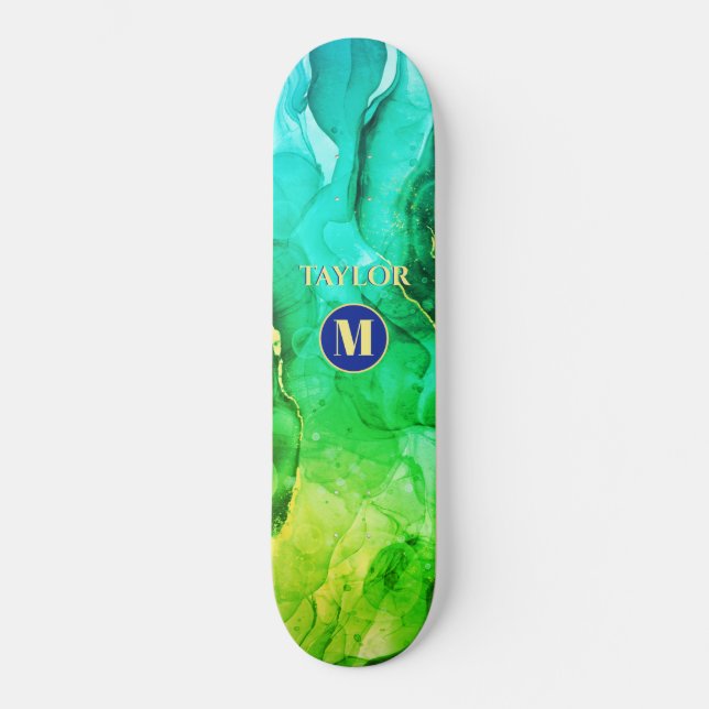 Skate Tinta Líquida Verde Amarela Azul, Monograma e Nome (Frente)
