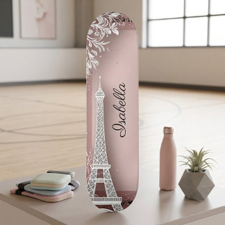 Skate Torre Eiffel Brilho Rosa Bege Vintage Parisiense