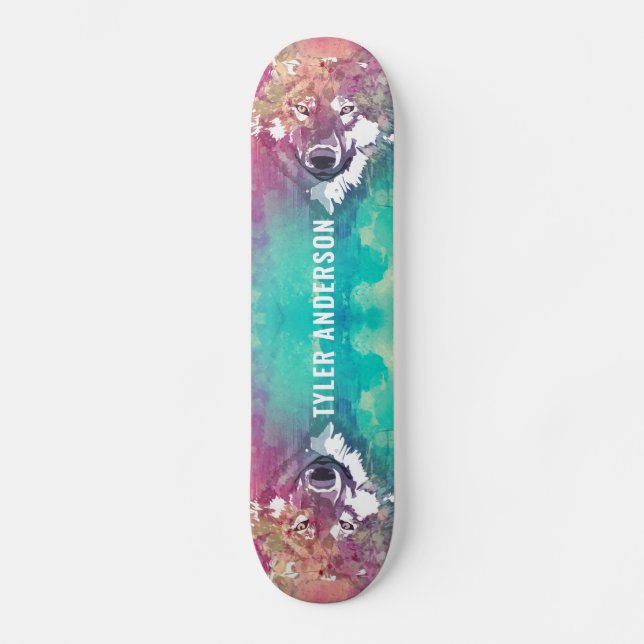 Skate Turquesa Rosa Artística Turquesa Aquarela Wolf Mon (Frente)