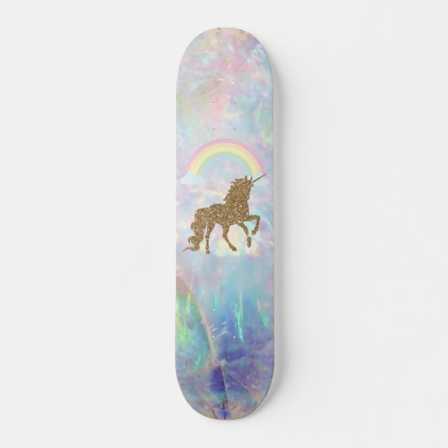 Skate Unicórnio Brilho Dourado, Opala Arco-íris (Frente)
