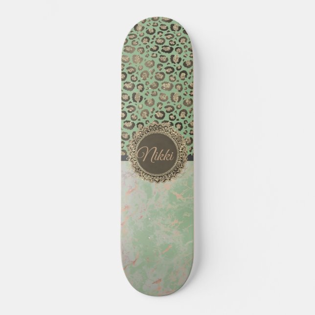 Skate Verde Marble Gliter Dourado Personalizado Leopardo (Frente)