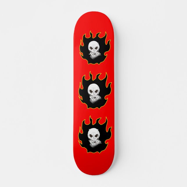 Skate Vermelho Amarelo Negro Crânio Branco Morte Fogo (Frente)