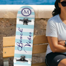 Vibrações de Praia Azul Branco Listrado Monograma 
