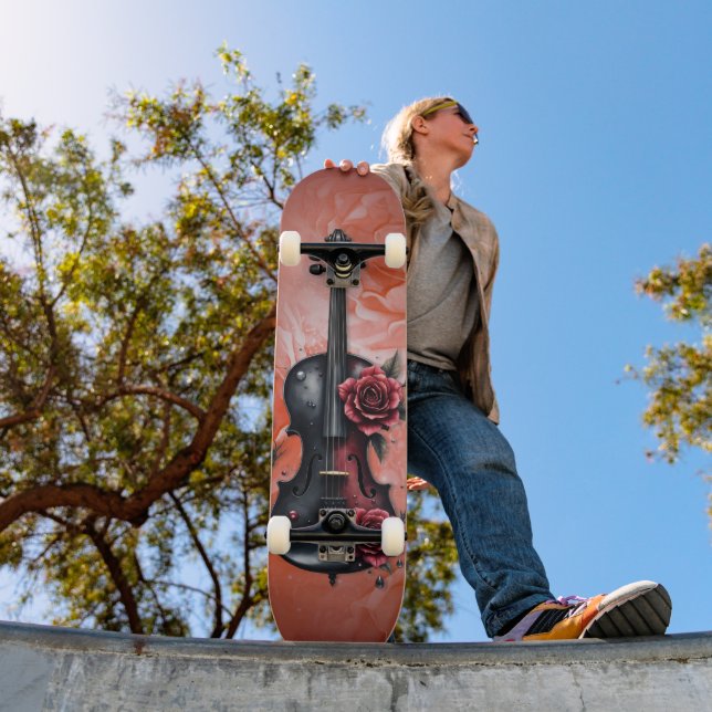Skate Violino preto gótico com rosas vermelhas (Ao ar livre 1)