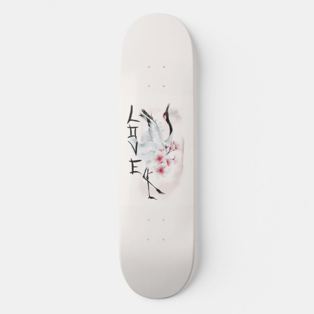 Skate Watercolor Japonês Sakura Blossom Love Crane (Frente)