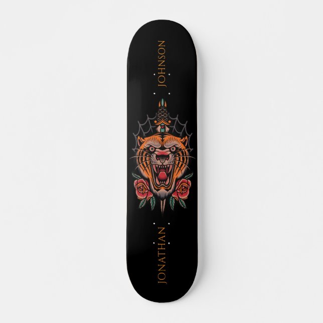 Skate Wild Tiger Japanese Rose Illustration Last Name (Frente)