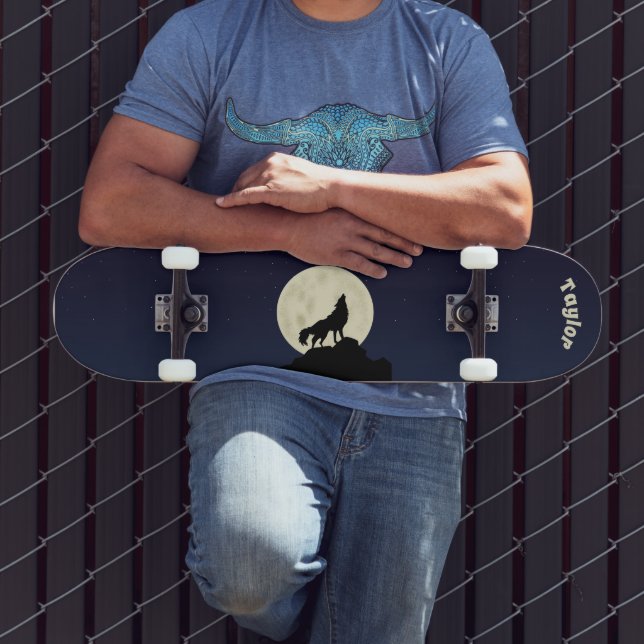 Skate Wolf Howling at the Moon Illustration Personalized (Ao ar livre 3)